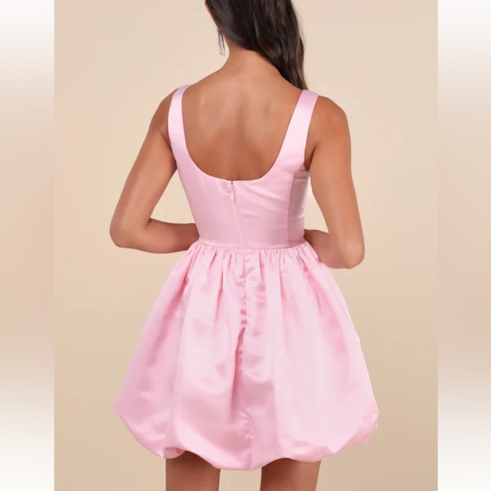 Lulu’s Regal Cutie Light Pink Satin Square Neck Bubble-Hem Mini Dress Sz:L - Picture 5 of 12